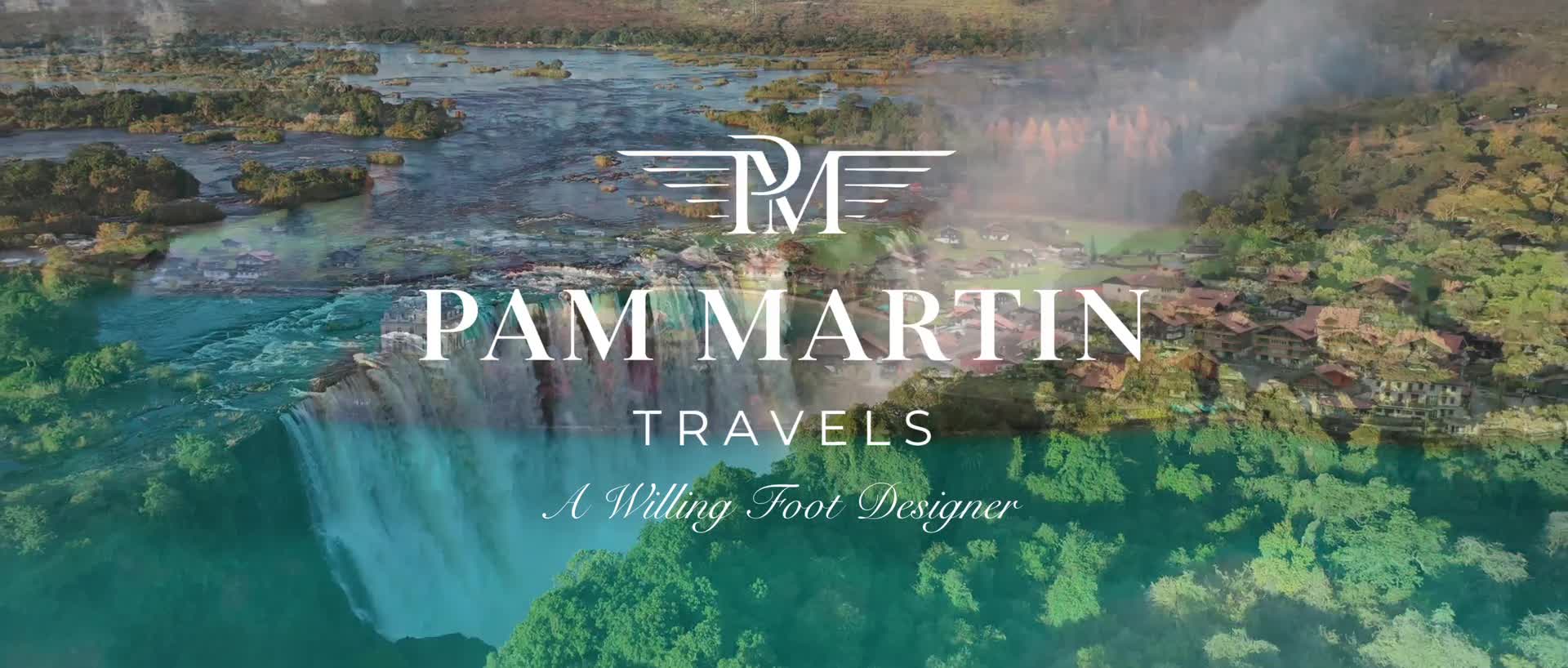 Original winged PM crest above Pam Martin Travels and A Willing Foot Designer, over Victoria Falls